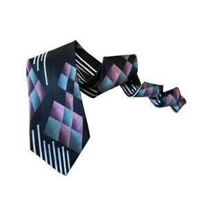 J.T. Beckett Silk Long Tall Tie Geometric Abstract Black Teal Purple Striped